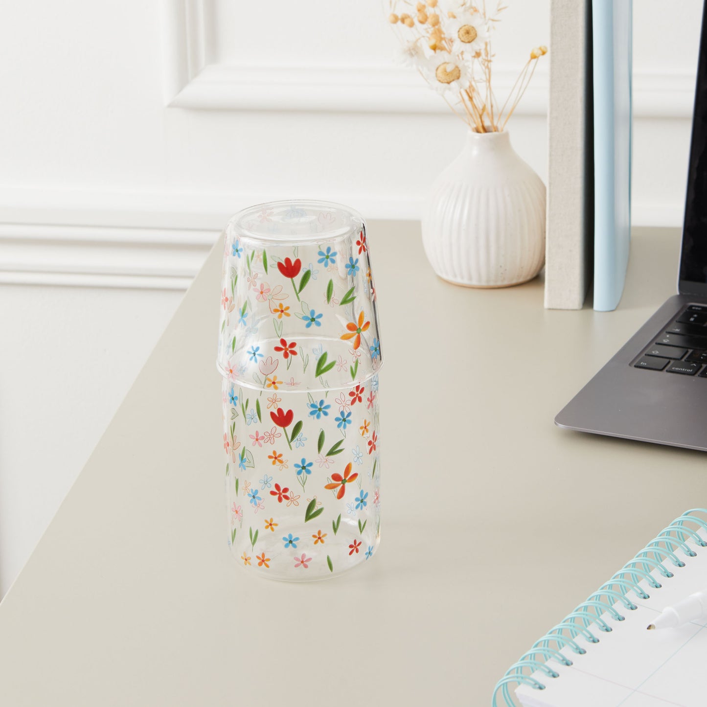 Glass Water Carafe with Tumbler Lid | Decorative Printed Glass