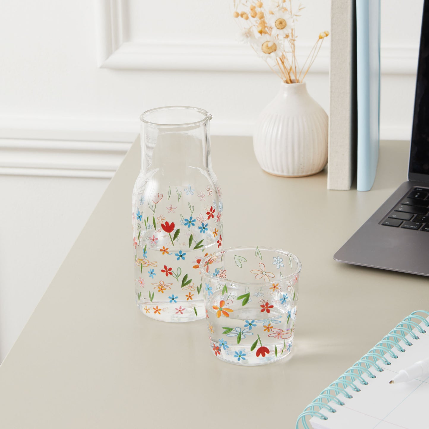 Glass Water Carafe with Tumbler Lid | Decorative Printed Glass