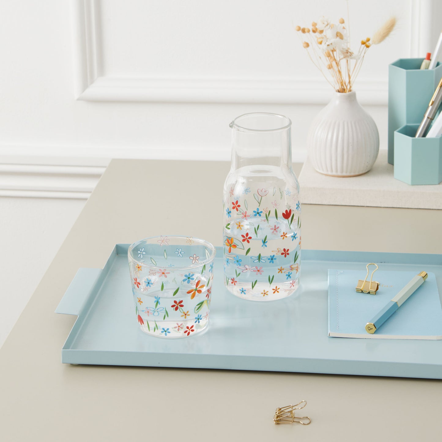 Glass Water Carafe with Tumbler Lid | Decorative Printed Glass