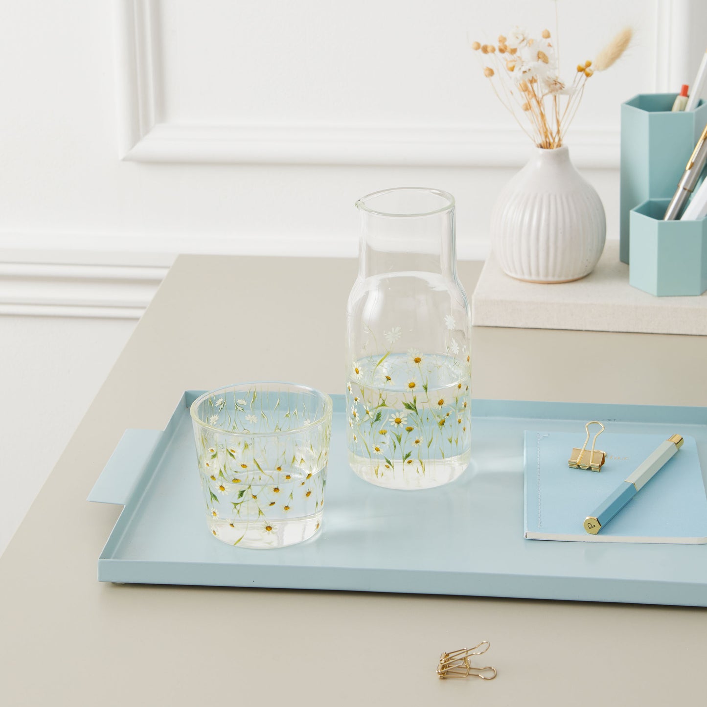 Glass Water Carafe with Tumbler Lid | Decorative Printed Glass