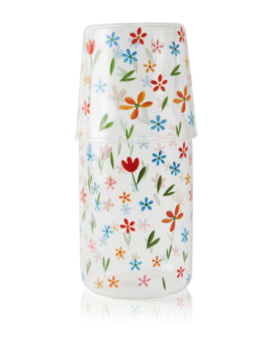 Glass Water Carafe with Tumbler Lid | Decorative Printed Glass
