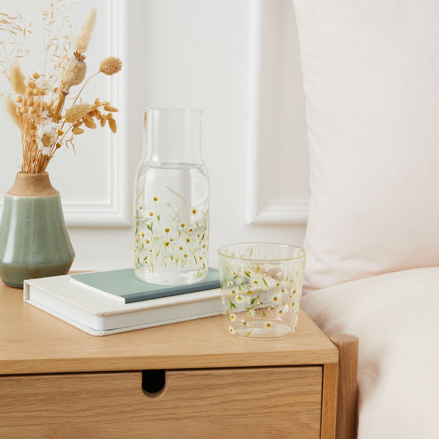 Glass Water Carafe with Tumbler Lid | Decorative Printed Glass