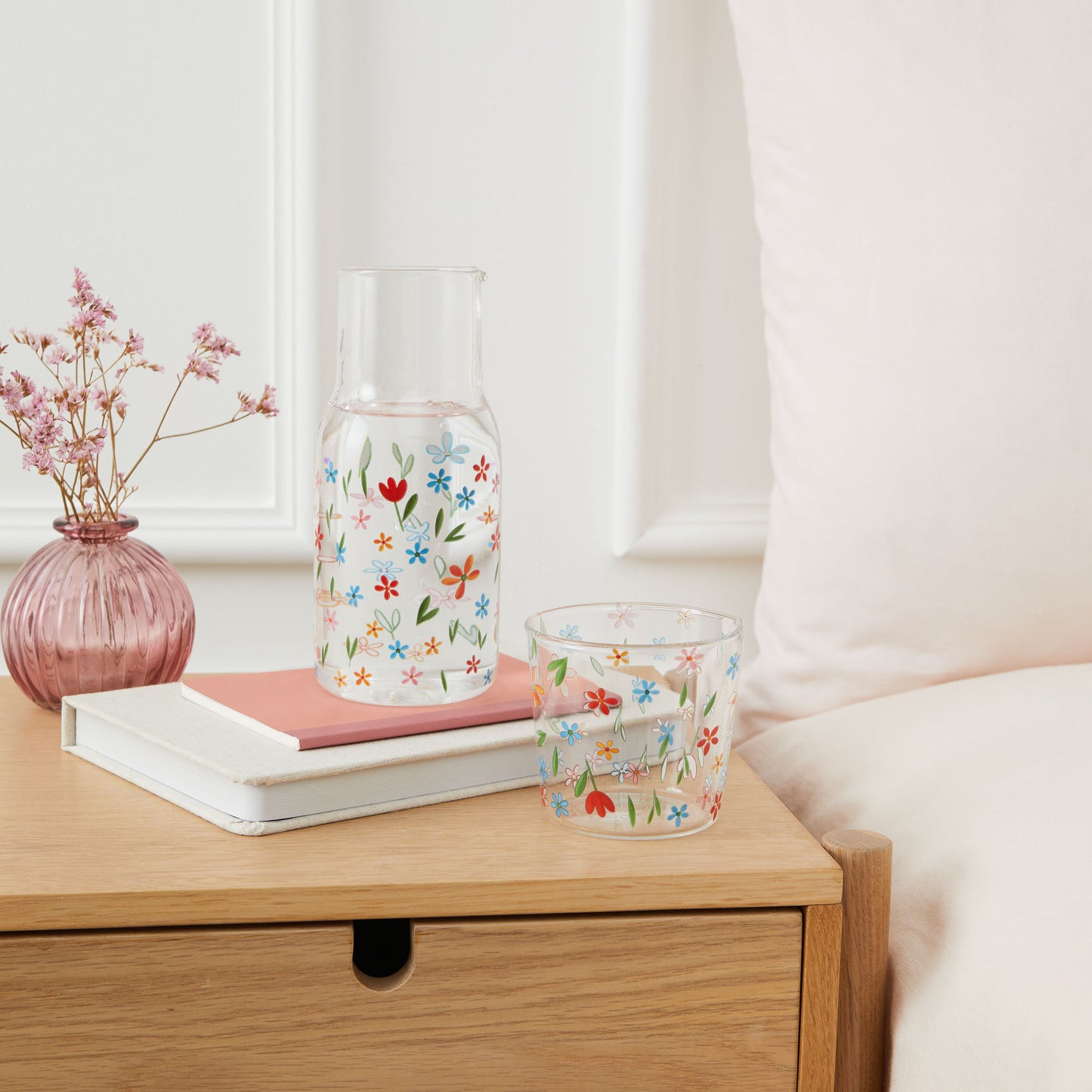 Glass Water Carafe with Tumbler Lid | Decorative Printed Glass